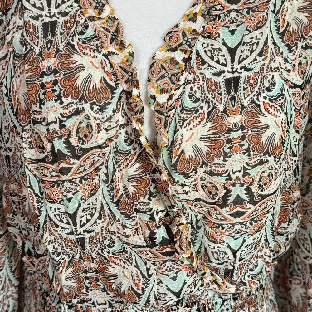 Anthropologie Flounce Printed Ruffle Blouse V Neck Long Sleeve Smocked Top - Picture 2 of 8